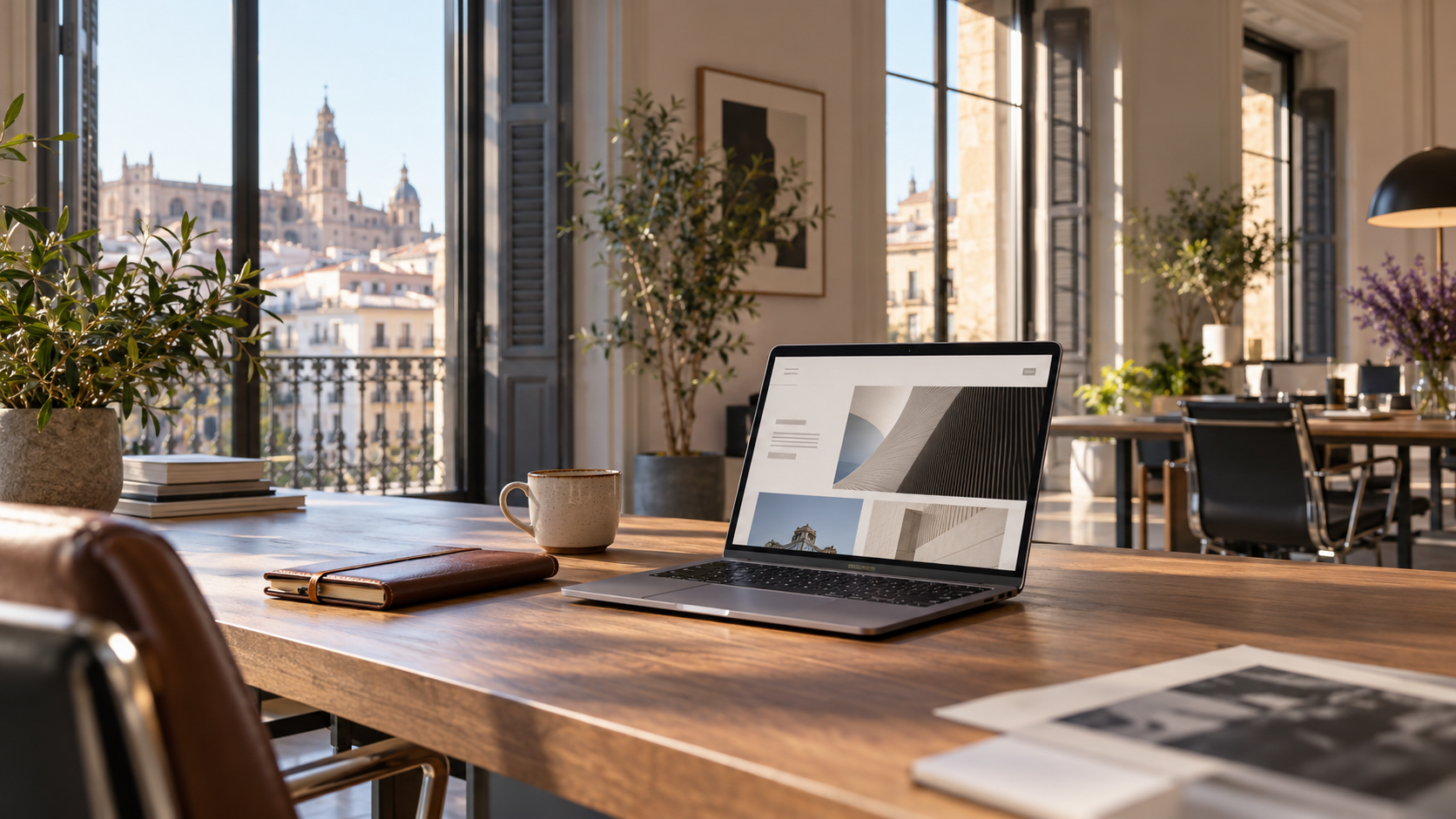 Despacho profesional de consultoría B2B con diseño web y branding corporativo en entorno de trabajo real